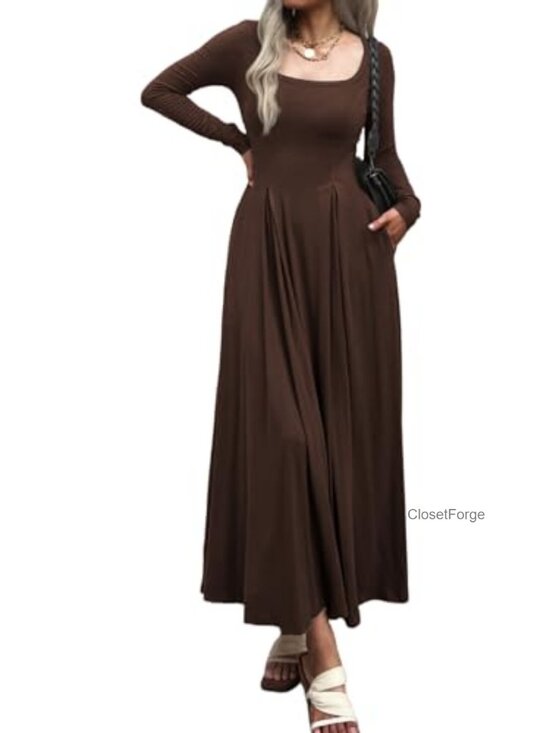 Dresses & Skirts - Women Long Sleeve Square Neck Maxi Pleated Dress with Pockets Fall Casual